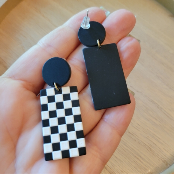 Checkerboard Ska Punk Reggae Dangle Earrings - Picture 4 of 4